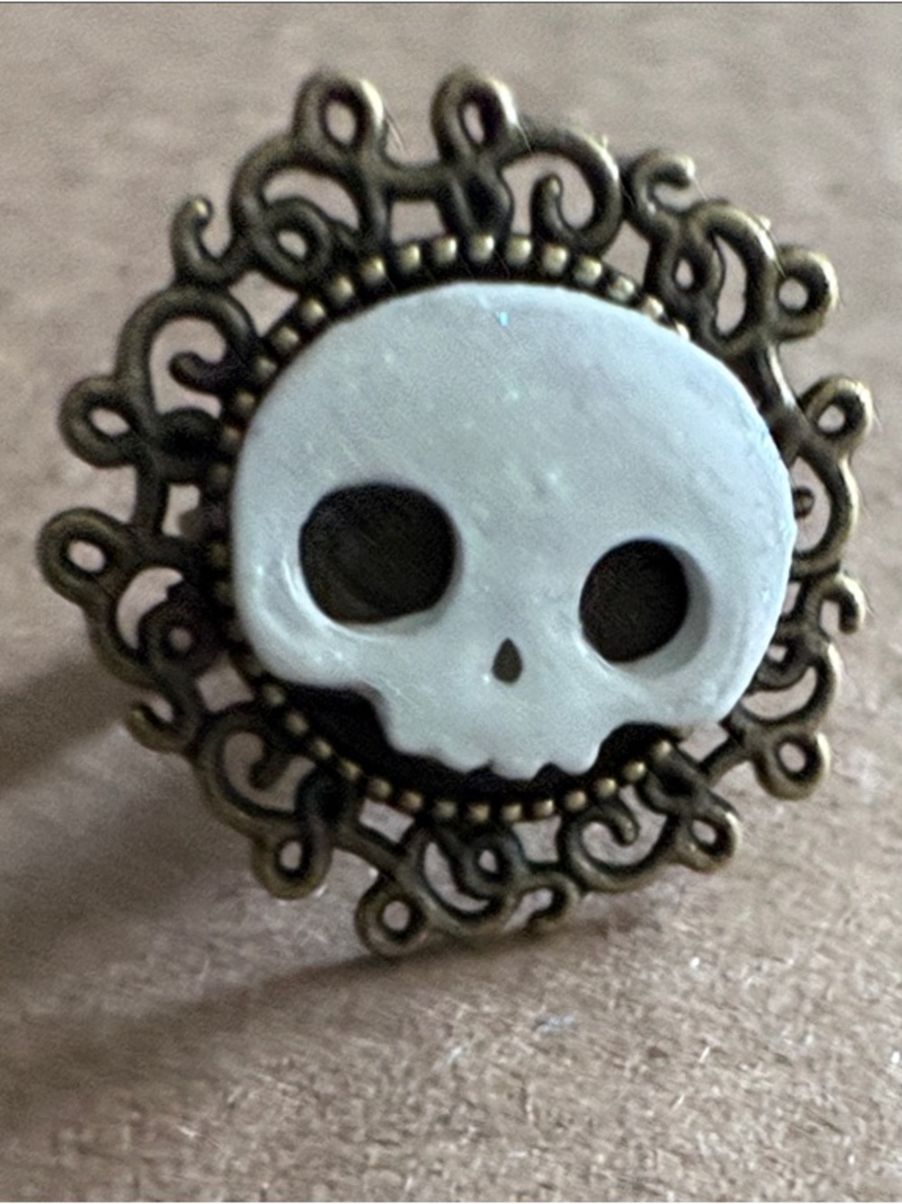 Adjustable Hand-Crafted Glitter Skull (By Killer Kat Designs) Ring in Gold
